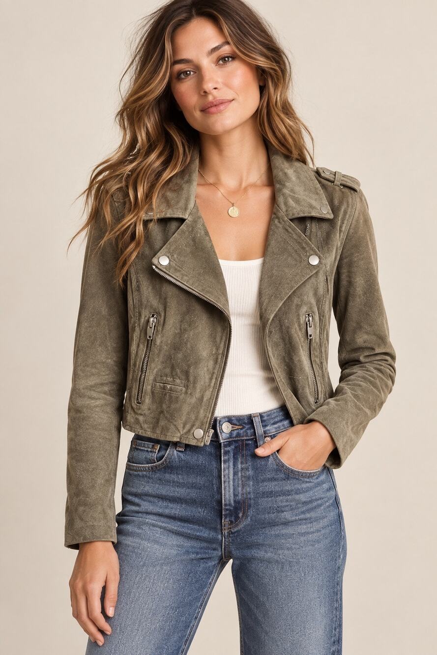 SL8 Olive Suede Moto Jacket – Size Small – Cropped Leather Biker Style